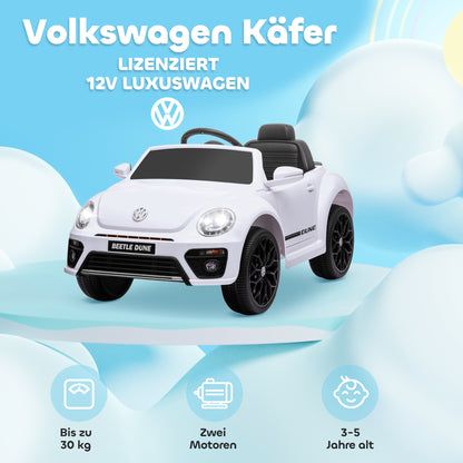 Kids Electric Car 12V Volkswagen Beetle Children's Car with 2.4G Remote Control, Music, Horn, Electric Vehicle with LED Lights, USB/MP3 Connection, 3-5 km/h, for Children 3-5 Years, White