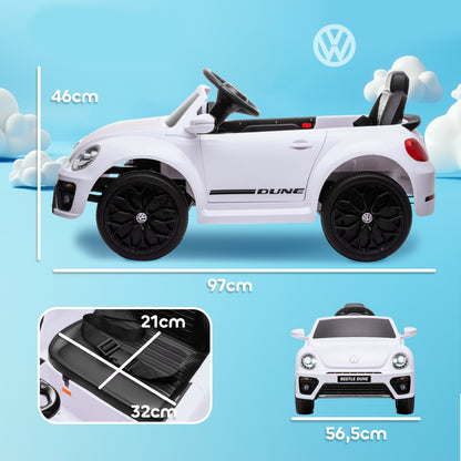 Kids Electric Car 12V Volkswagen Beetle Children's Car with 2.4G Remote Control, Music, Horn, Electric Vehicle with LED Lights, USB/MP3 Connection, 3-5 km/h, for Children 3-5 Years, White