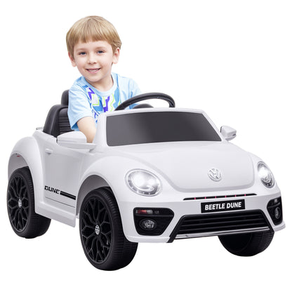 Kids Electric Car 12V Volkswagen Beetle Children's Car with 2.4G Remote Control, Music, Horn, Electric Vehicle with LED Lights, USB/MP3 Connection, 3-5 km/h, for Children 3-5 Years, White