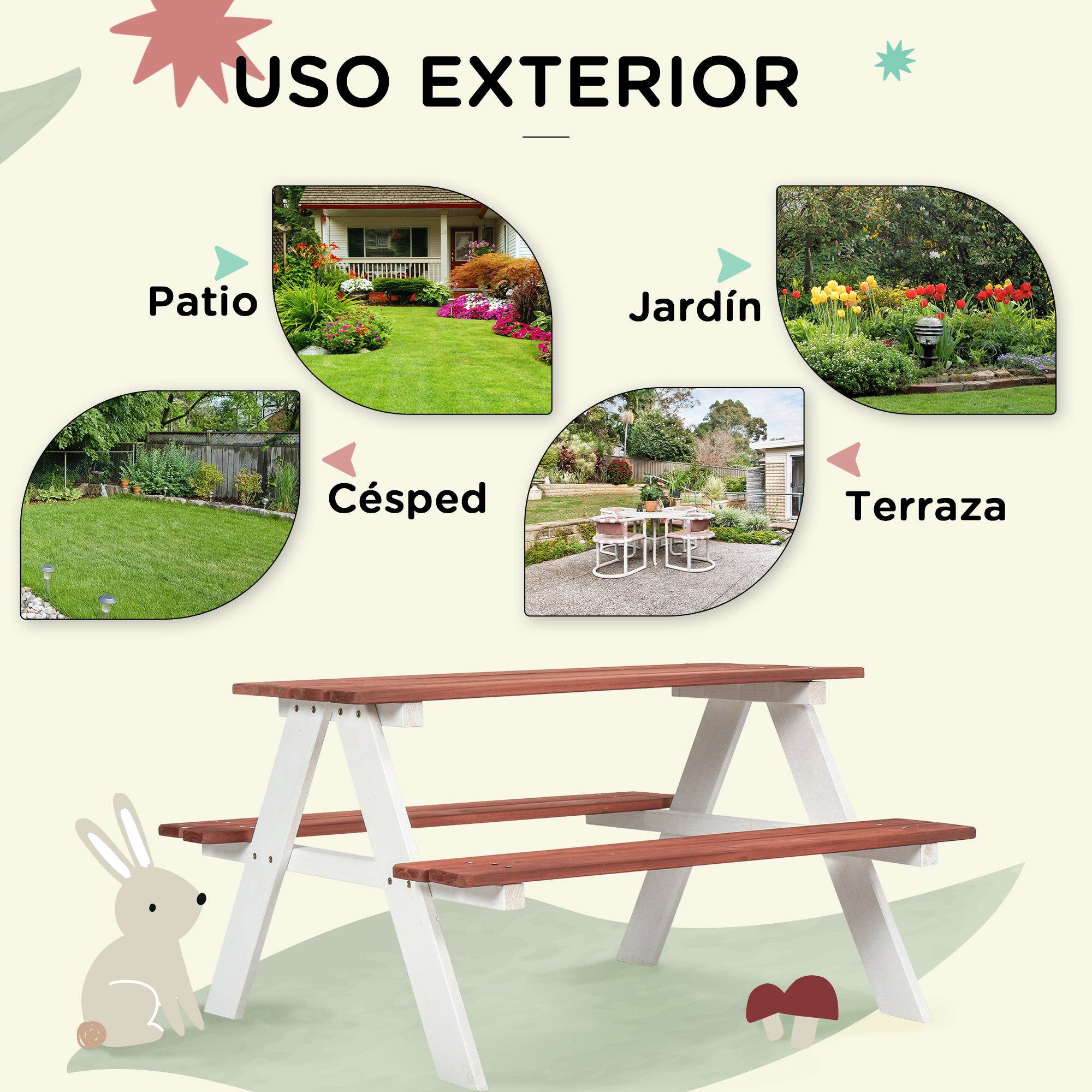 Children's Wooden Picnic Table Set with 2 Benches for Kids 3-8 Years Old for Garden Patio Terrace 89x79x50 cm Brown