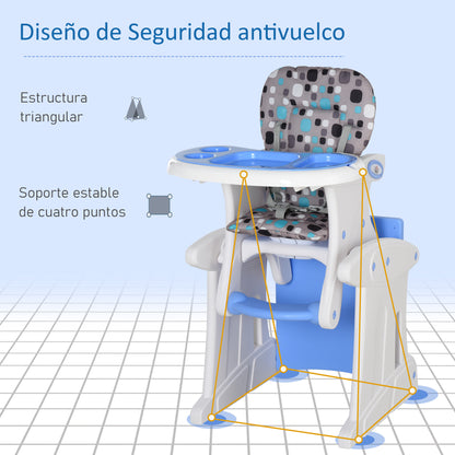 2-in-1 High Chair for Babies from 6 Months to 6 Years Transformable into Table and Chair Multifunctional Adjustable in 3 Positions High Padded Backrest with 2 Removable Trays 57x59x105 cm Blue