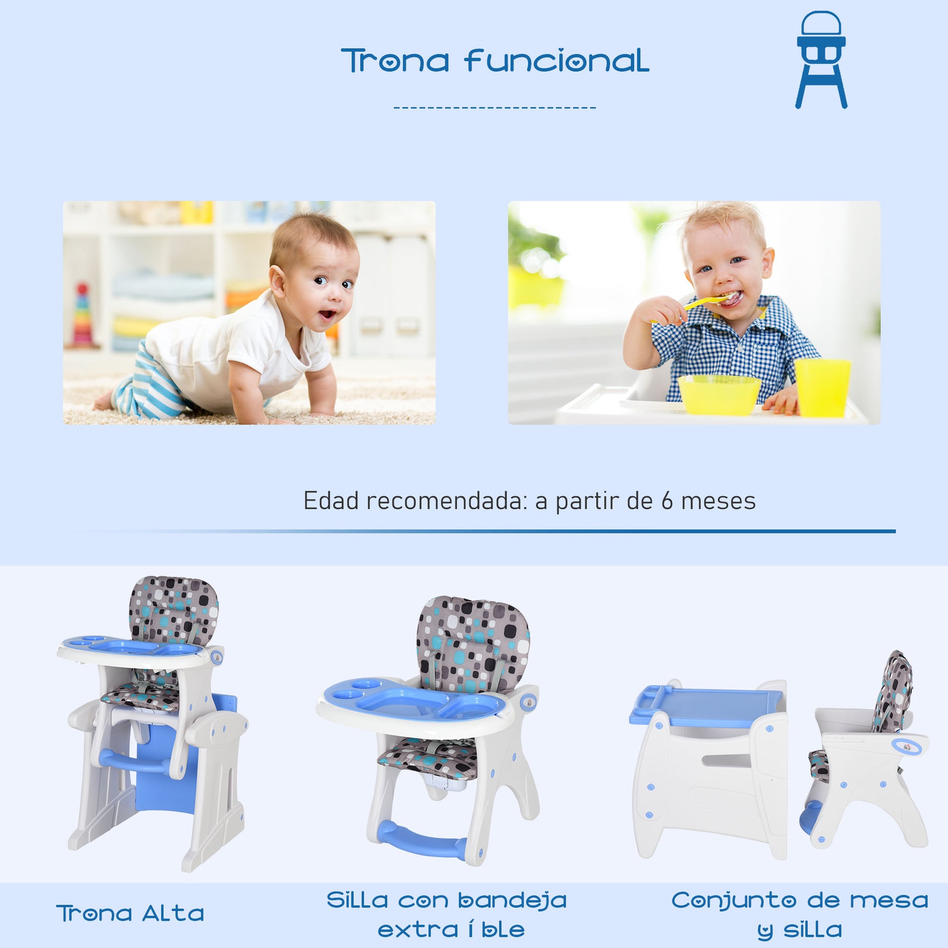2-in-1 High Chair for Babies from 6 Months to 6 Years Transformable into Table and Chair Multifunctional Adjustable in 3 Positions High Padded Backrest with 2 Removable Trays 57x59x105 cm Blue