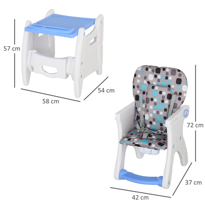 2-in-1 High Chair for Babies from 6 Months to 6 Years Transformable into Table and Chair Multifunctional Adjustable in 3 Positions High Padded Backrest with 2 Removable Trays 57x59x105 cm Blue
