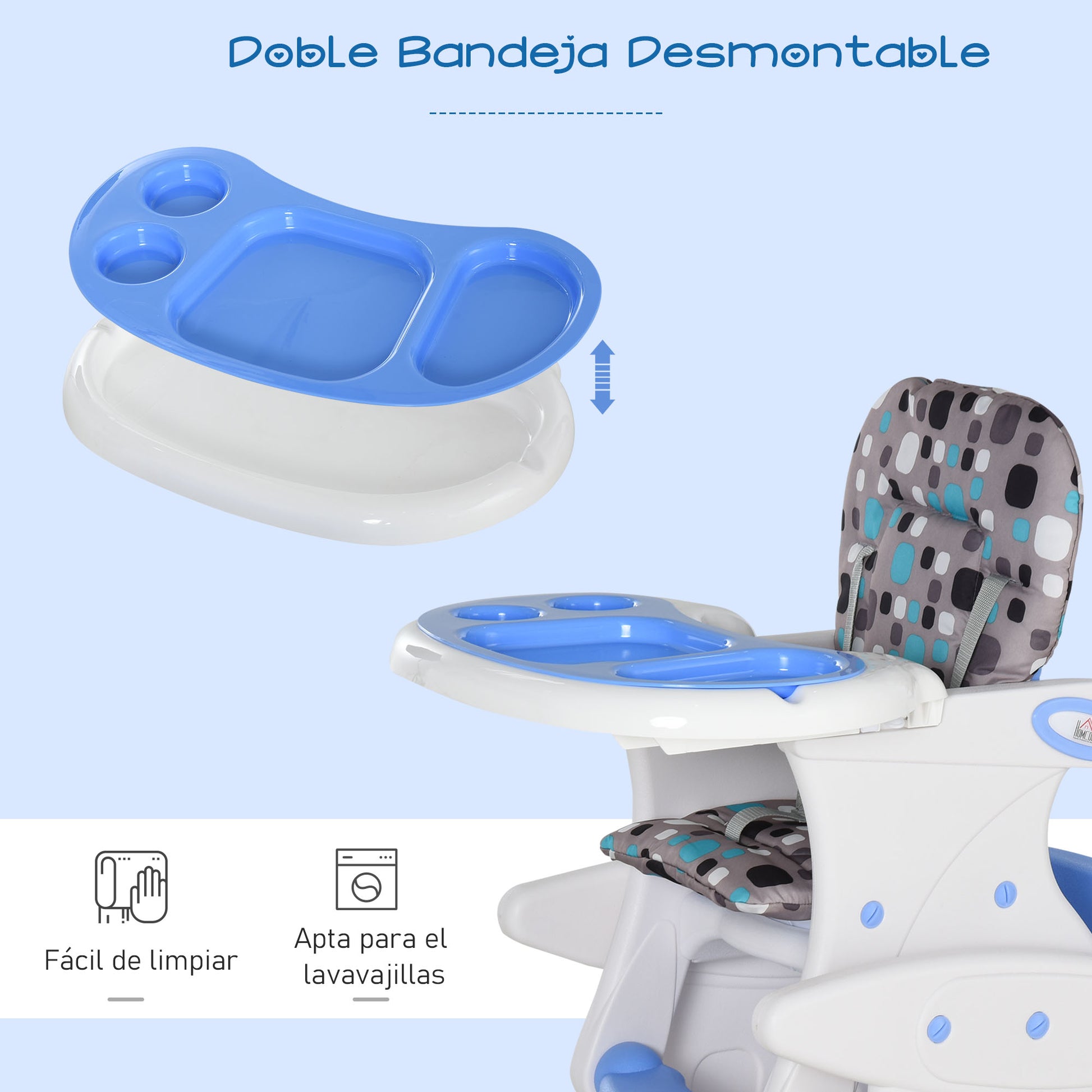 2-in-1 High Chair for Babies from 6 Months to 6 Years Transformable into Table and Chair Multifunctional Adjustable in 3 Positions High Padded Backrest with 2 Removable Trays 57x59x105 cm Blue