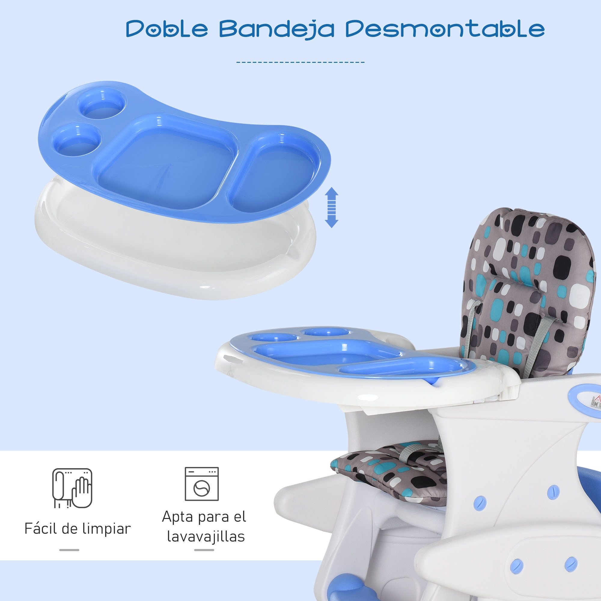 2-in-1 High Chair for Babies from 6 Months to 6 Years Transformable into Table and Chair Multifunctional Adjustable in 3 Positions High Padded Backrest with 2 Removable Trays 57x59x105 cm Blue
