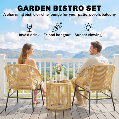 3-Piece Rattan Bistro Set – 2 Cushioned Chairs & Tempered Glass Table, Ergonomic Balcony/Patio Furniture, Beige