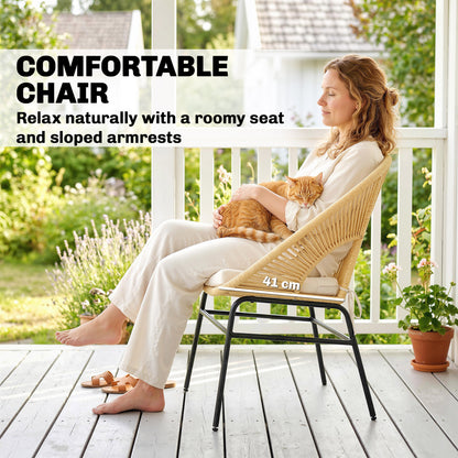 3-Piece Rattan Bistro Set – 2 Cushioned Chairs & Tempered Glass Table, Ergonomic Balcony/Patio Furniture, Beige