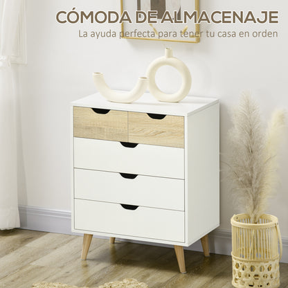 5-Drawer Chest of Drawers with Raised Legs for Bedroom Living Room Office Modern Style Anti-tip 60x40x77.5 cm Natural and White