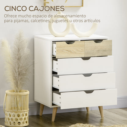 5-Drawer Chest of Drawers with Raised Legs for Bedroom Living Room Office Modern Style Anti-tip 60x40x77.5 cm Natural and White