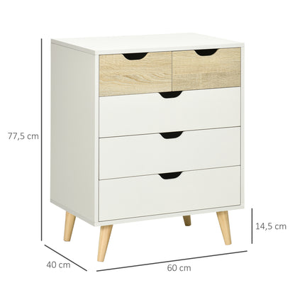 5-Drawer Chest of Drawers with Raised Legs for Bedroom Living Room Office Modern Style Anti-tip 60x40x77.5 cm Natural and White