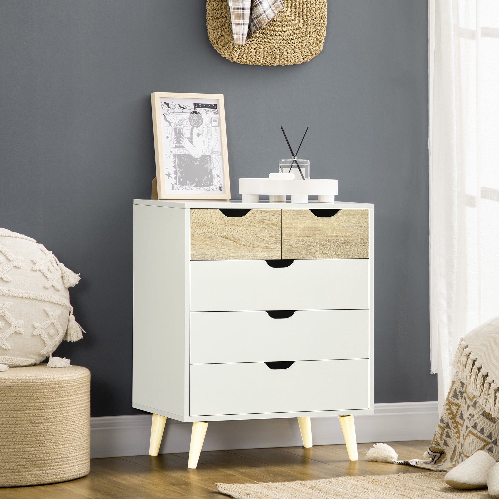 5-Drawer Chest of Drawers with Raised Legs for Bedroom Living Room Office Modern Style Anti-tip 60x40x77.5 cm Natural and White