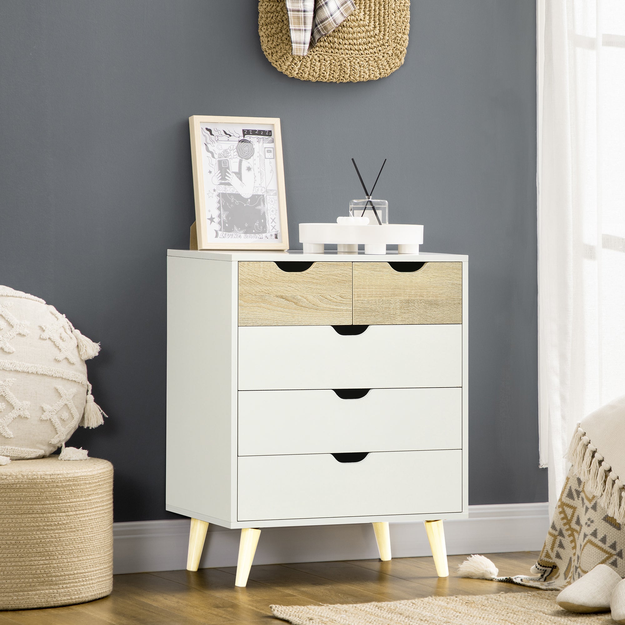5-Drawer Chest of Drawers with Raised Legs for Bedroom Living Room Office Modern Style Anti-tip 60x40x77.5 cm Natural and White