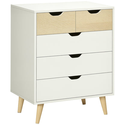 5-Drawer Chest of Drawers with Raised Legs for Bedroom Living Room Office Modern Style Anti-tip 60x40x77.5 cm Natural and White
