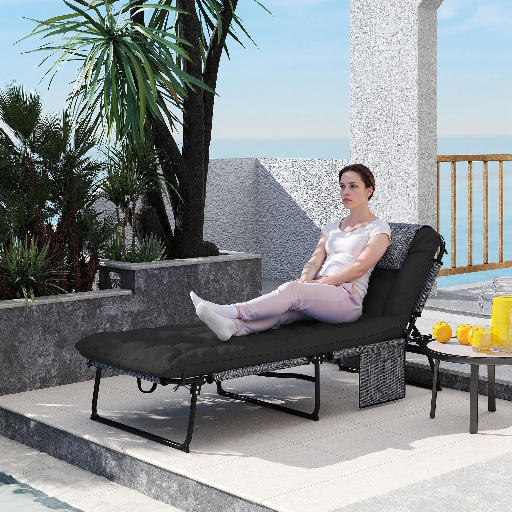 Folding Outdoor Sun Lounger with Pillow — 4-Position Adjustable Backrest, Side Pocket, Weather-Resistant — Supports up to 265 lb — Black