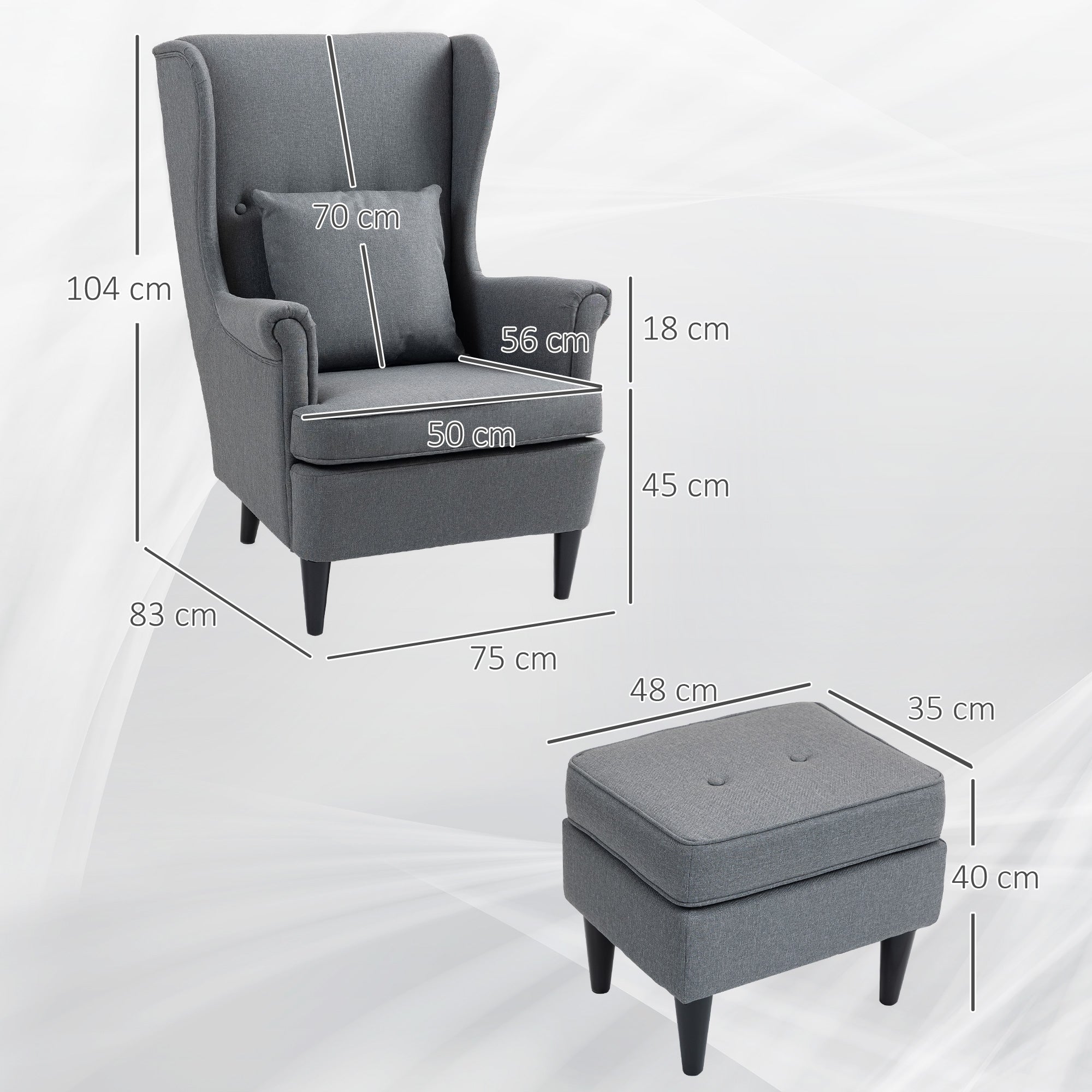 Wingback Chair with Ottoman Lounge Chair Modern Armchair with Linen Look, Lumbar Pillow, Relaxing Chair with Armrest for Living Room Gray