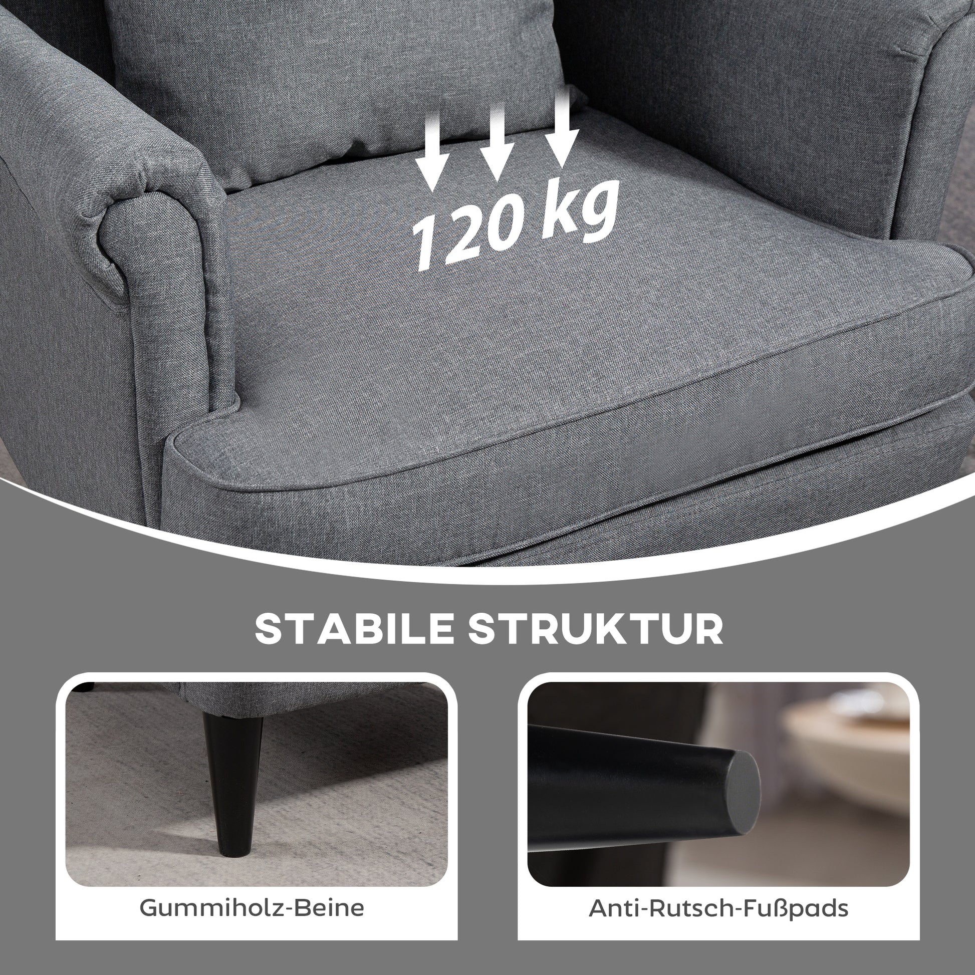 Wingback Chair with Ottoman Lounge Chair Modern Armchair with Linen Look, Lumbar Pillow, Relaxing Chair with Armrest for Living Room Gray