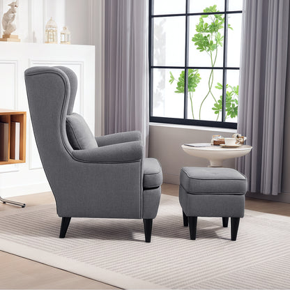 Wingback Chair with Ottoman Lounge Chair Modern Armchair with Linen Look, Lumbar Pillow, Relaxing Chair with Armrest for Living Room Gray