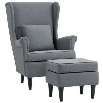 Wingback Chair with Ottoman Lounge Chair Modern Armchair with Linen Look, Lumbar Pillow, Relaxing Chair with Armrest for Living Room Gray