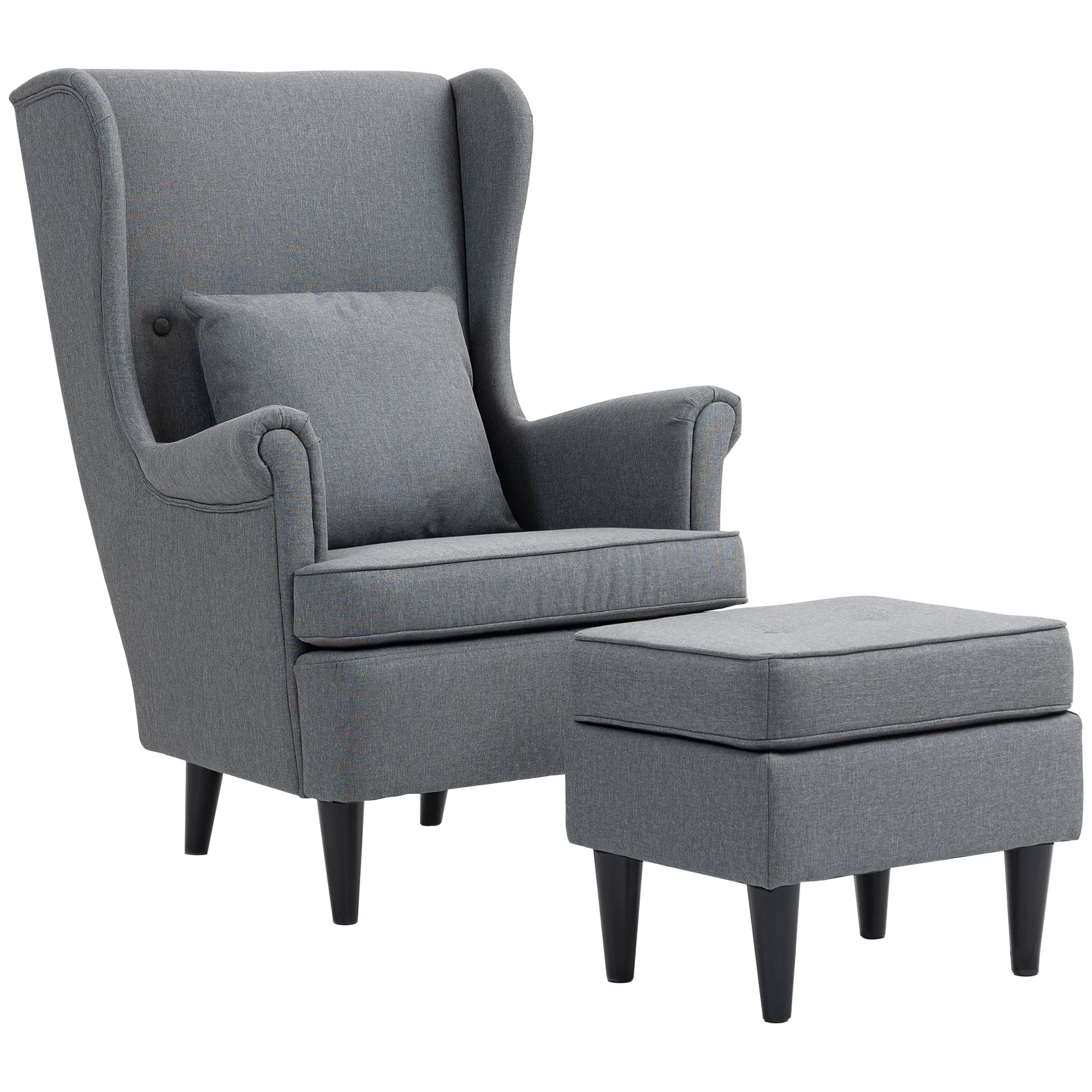 Wingback Chair with Ottoman Lounge Chair Modern Armchair with Linen Look, Lumbar Pillow, Relaxing Chair with Armrest for Living Room Gray