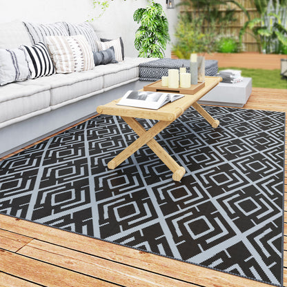 Outdoor Rug 182x274 cm Reversible Rug with Geometric Diamond Pattern Waterproof Carrying Bag for Terrace Balcony Patio Camping Beach Black