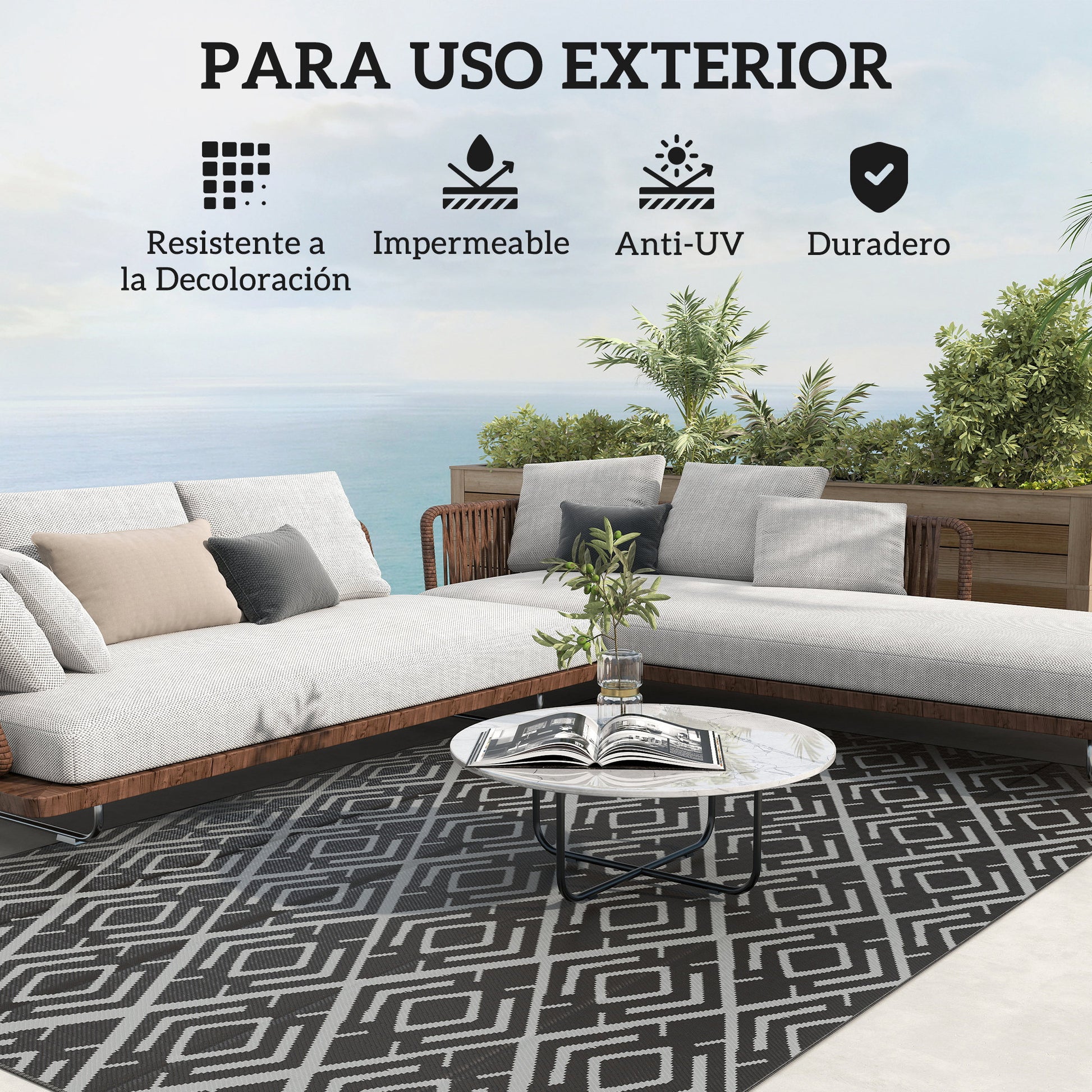 Outdoor Rug 182x274 cm Reversible Rug with Geometric Diamond Pattern Waterproof Carrying Bag for Terrace Balcony Patio Camping Beach Black