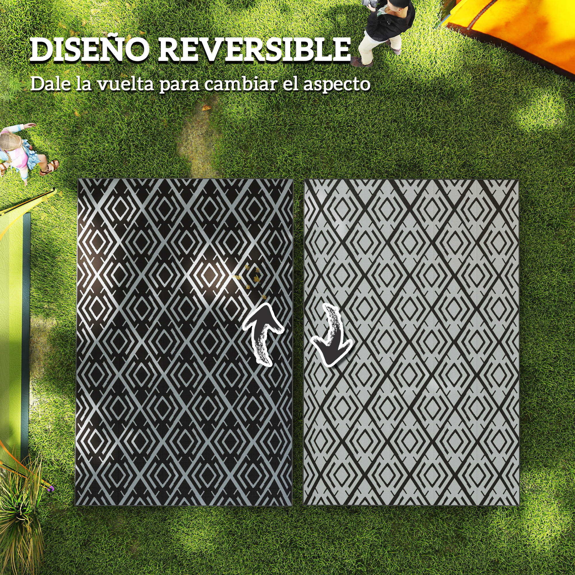 Outdoor Rug 182x274 cm Reversible Rug with Geometric Diamond Pattern Waterproof Carrying Bag for Terrace Balcony Patio Camping Beach Black