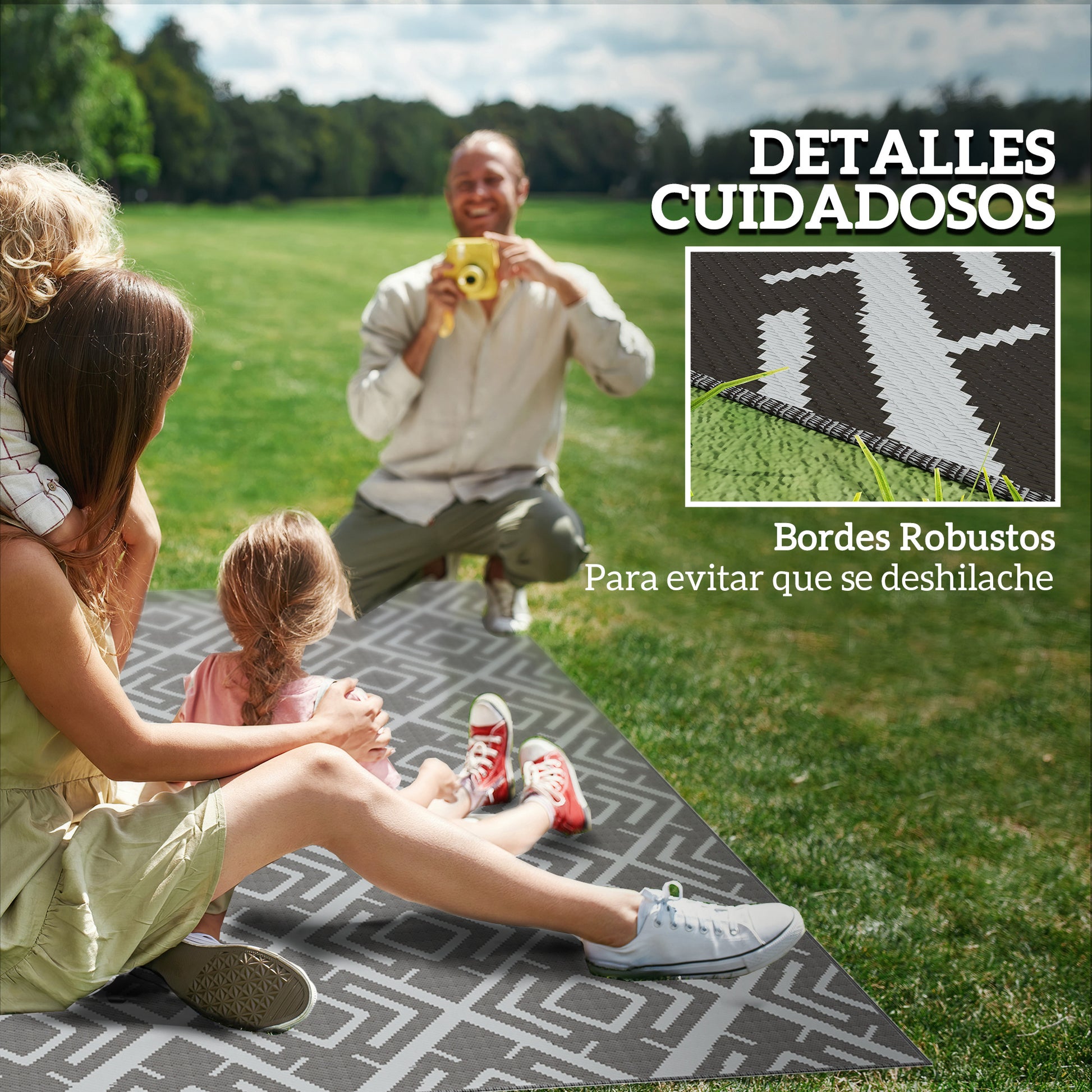 Outdoor Rug 182x274 cm Reversible Rug with Geometric Diamond Pattern Waterproof Carrying Bag for Terrace Balcony Patio Camping Beach Black