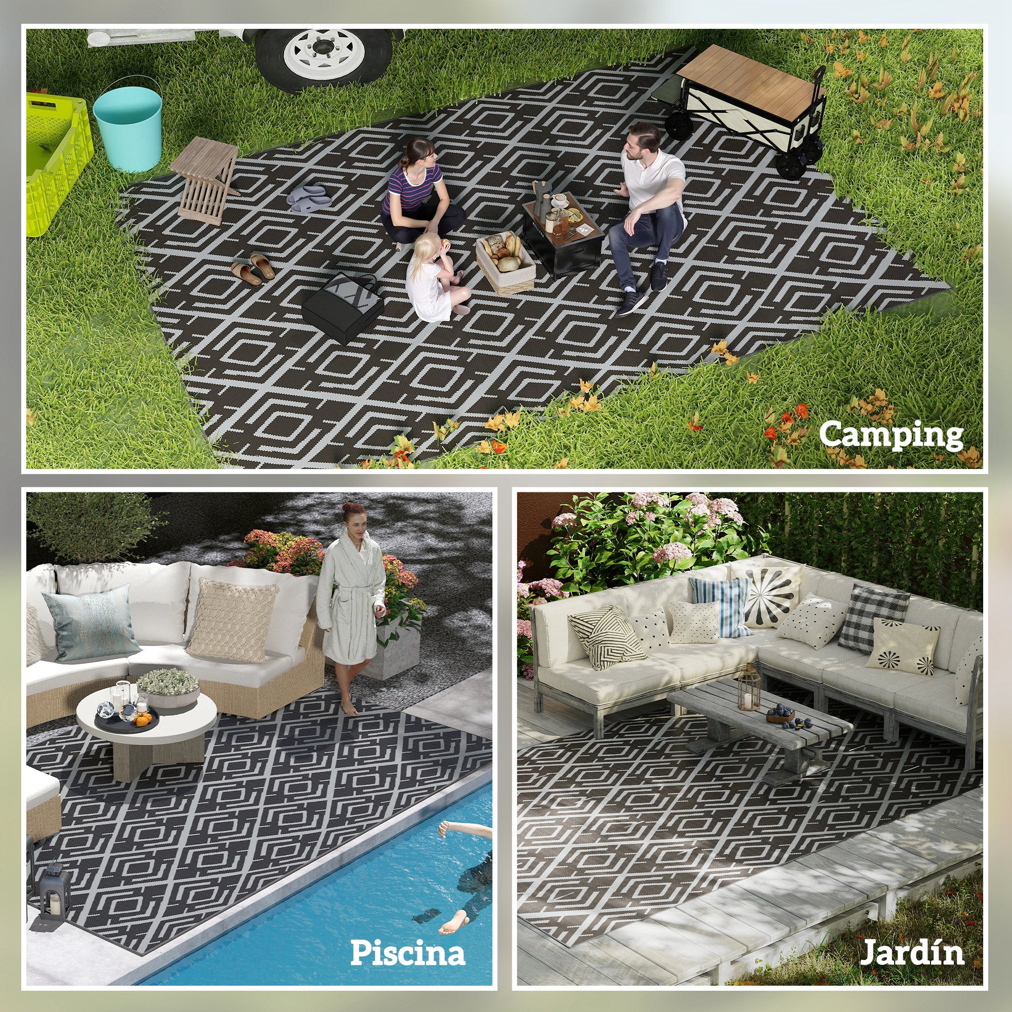 Outdoor Rug 182x274 cm Reversible Rug with Geometric Diamond Pattern Waterproof Carrying Bag for Terrace Balcony Patio Camping Beach Black