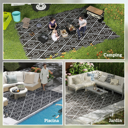 Outdoor Rug 182x274 cm Reversible Rug with Geometric Diamond Pattern Waterproof Carrying Bag for Terrace Balcony Patio Camping Beach Black