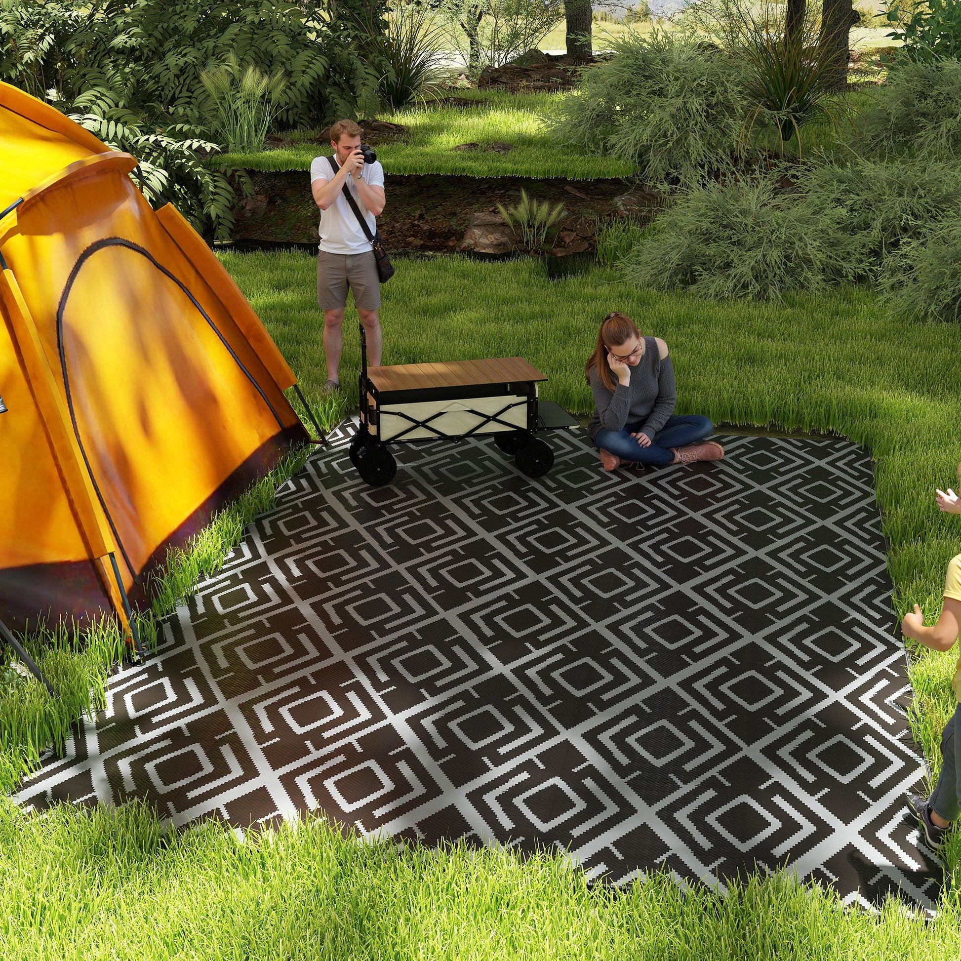 Outdoor Rug 182x274 cm Reversible Rug with Geometric Diamond Pattern Waterproof Carrying Bag for Terrace Balcony Patio Camping Beach Black
