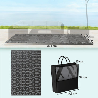 Outdoor Rug 182x274 cm Reversible Rug with Geometric Diamond Pattern Waterproof Carrying Bag for Terrace Balcony Patio Camping Beach Black