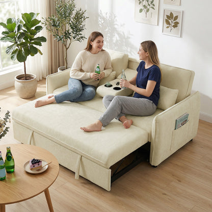 2-Seater 3‑in‑1 Convertible Chenille Sofa Bed with Adjustable Backrest, Cup Holders & Side Pockets — Beige