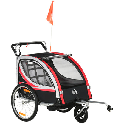 2-in-1 Foldable Kids Trailer Bike Trailer with Removable Front Wheel, Rear Brakes, Child Bike Trailer for 2 Children from 18 Months, up to 26.4 kg load capacity, Red