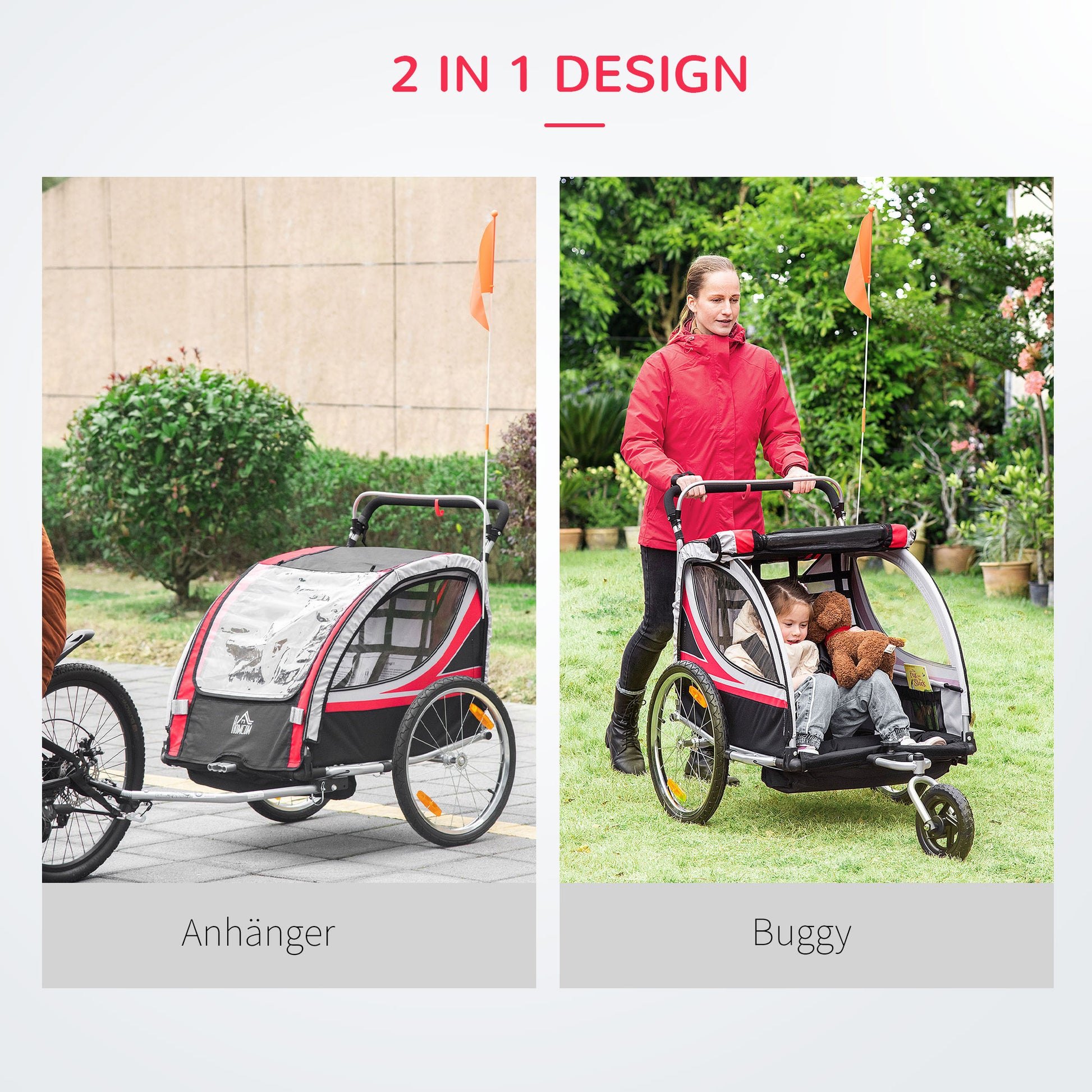 2-in-1 Foldable Kids Trailer Bike Trailer with Removable Front Wheel, Rear Brakes, Child Bike Trailer for 2 Children from 18 Months, up to 26.4 kg load capacity, Red