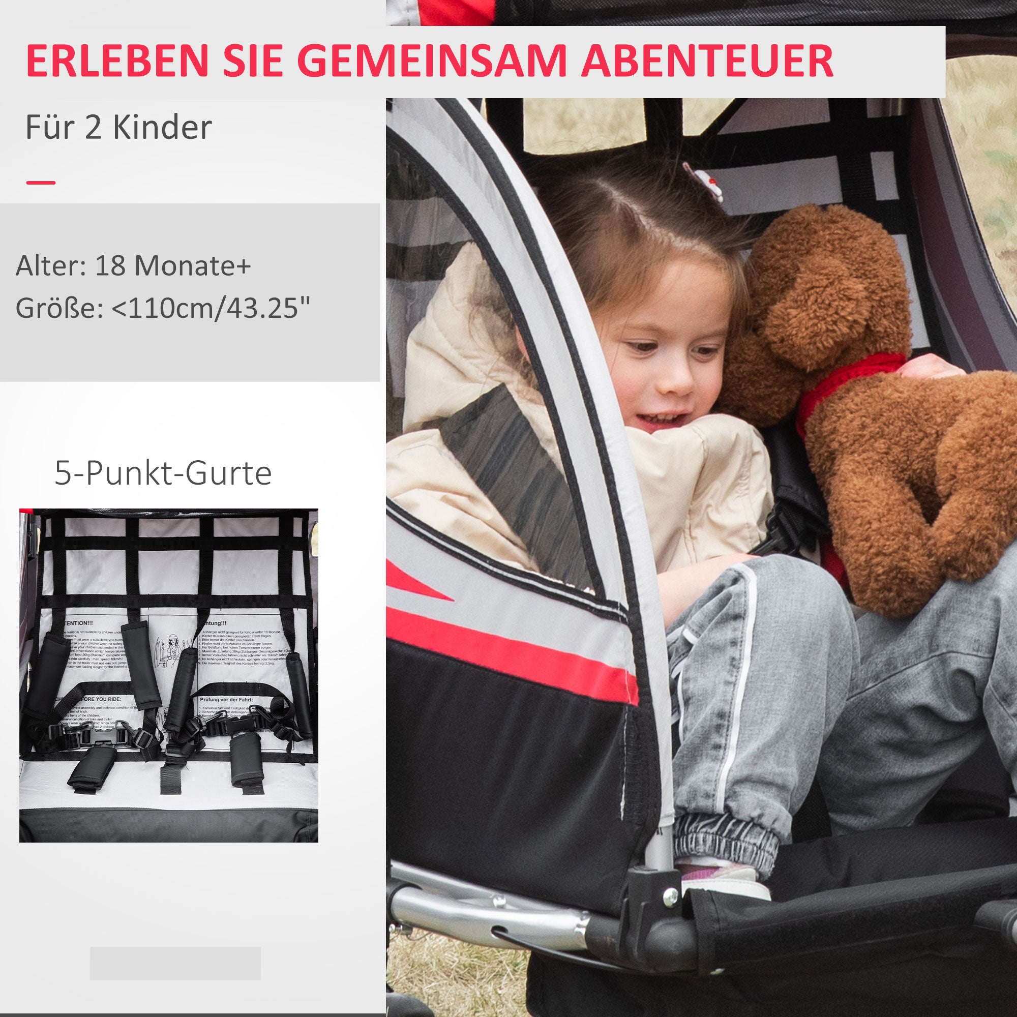 2-in-1 Foldable Kids Trailer Bike Trailer with Removable Front Wheel, Rear Brakes, Child Bike Trailer for 2 Children from 18 Months, up to 26.4 kg load capacity, Red
