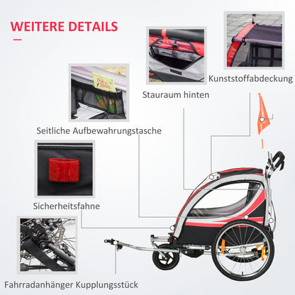 2-in-1 Foldable Kids Trailer Bike Trailer with Removable Front Wheel, Rear Brakes, Child Bike Trailer for 2 Children from 18 Months, up to 26.4 kg load capacity, Red