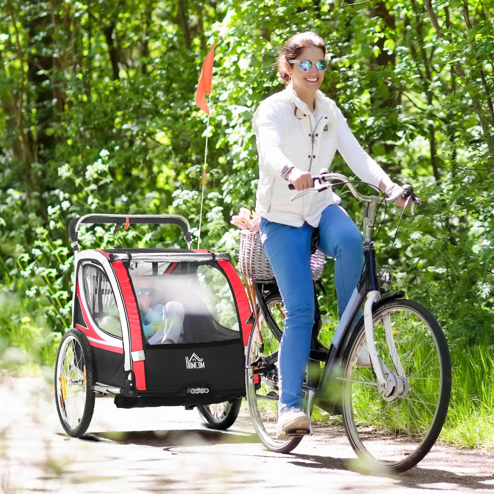 2-in-1 Foldable Kids Trailer Bike Trailer with Removable Front Wheel, Rear Brakes, Child Bike Trailer for 2 Children from 18 Months, up to 26.4 kg load capacity, Red