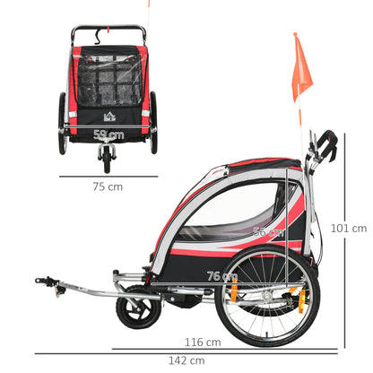 2-in-1 Foldable Kids Trailer Bike Trailer with Removable Front Wheel, Rear Brakes, Child Bike Trailer for 2 Children from 18 Months, up to 26.4 kg load capacity, Red