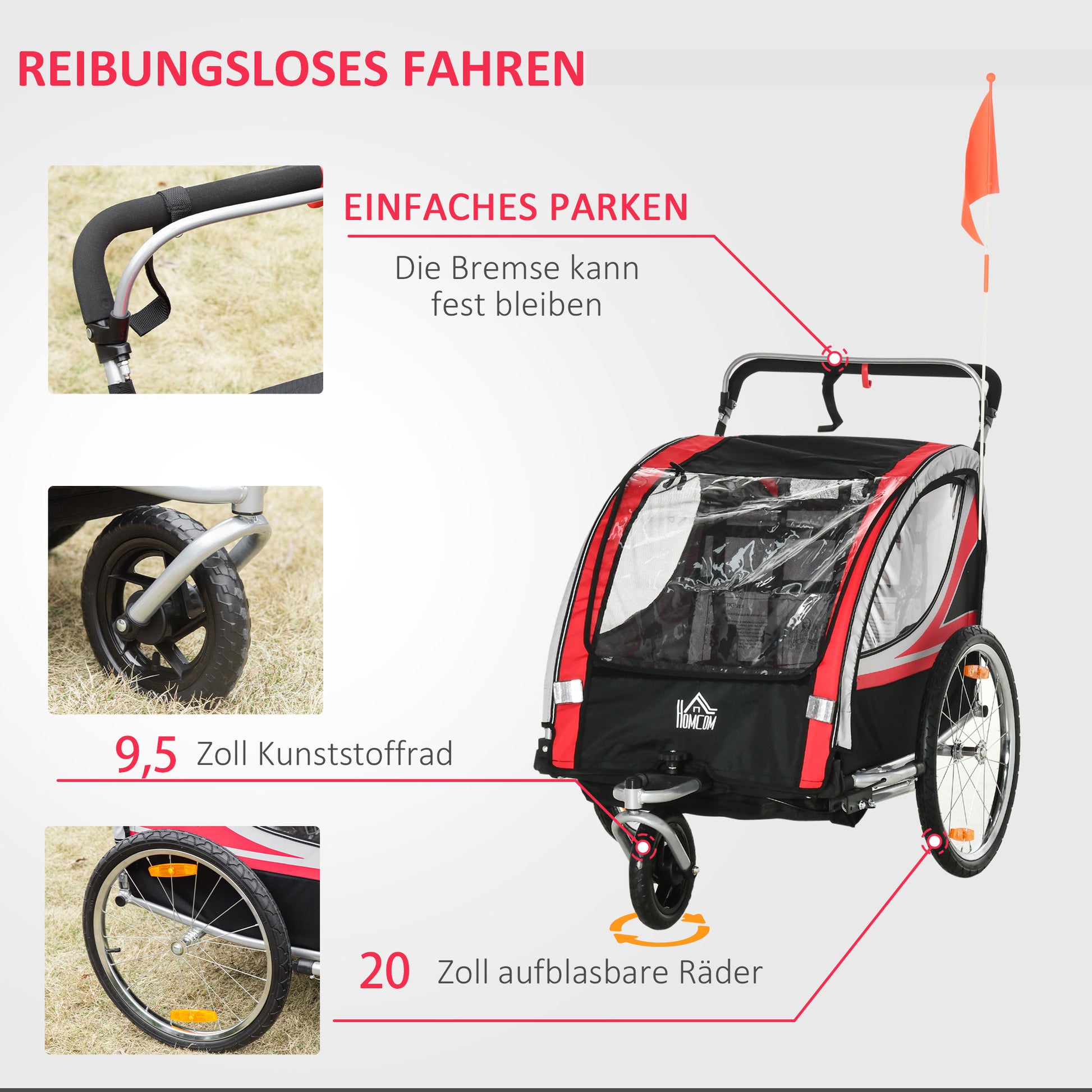 2-in-1 Foldable Kids Trailer Bike Trailer with Removable Front Wheel, Rear Brakes, Child Bike Trailer for 2 Children from 18 Months, up to 26.4 kg load capacity, Red