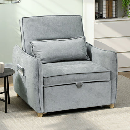 1-Seat 3-in-1 Convertible Armchair — Click-Clack Chenille Sofa Bed, Wide Seat, Adjustable Back, Includes Pillow & Side Pockets, Guest Sofa Bed for Small Spaces, Gray