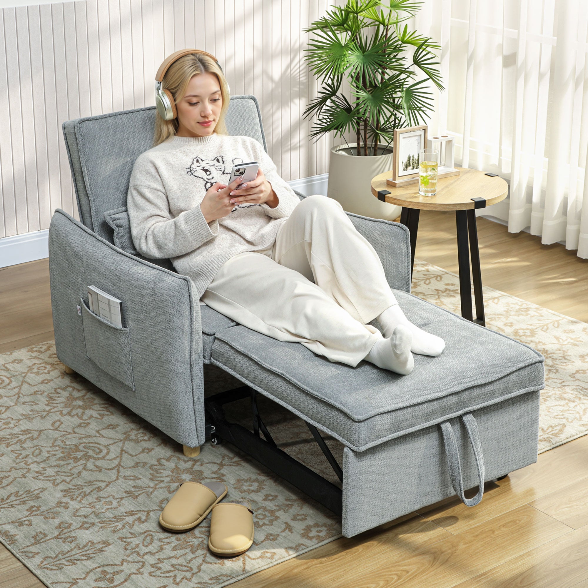 1-Seat 3-in-1 Convertible Armchair — Click-Clack Chenille Sofa Bed, Wide Seat, Adjustable Back, Includes Pillow & Side Pockets, Guest Sofa Bed for Small Spaces, Gray