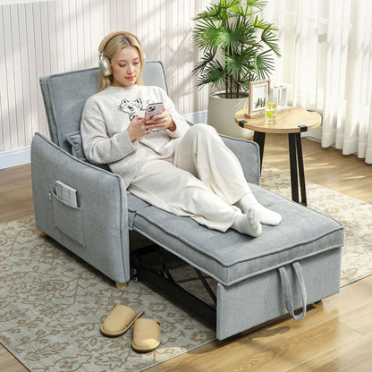 1-Seat 3-in-1 Convertible Armchair — Click-Clack Chenille Sofa Bed, Wide Seat, Adjustable Back, Includes Pillow & Side Pockets, Guest Sofa Bed for Small Spaces, Gray