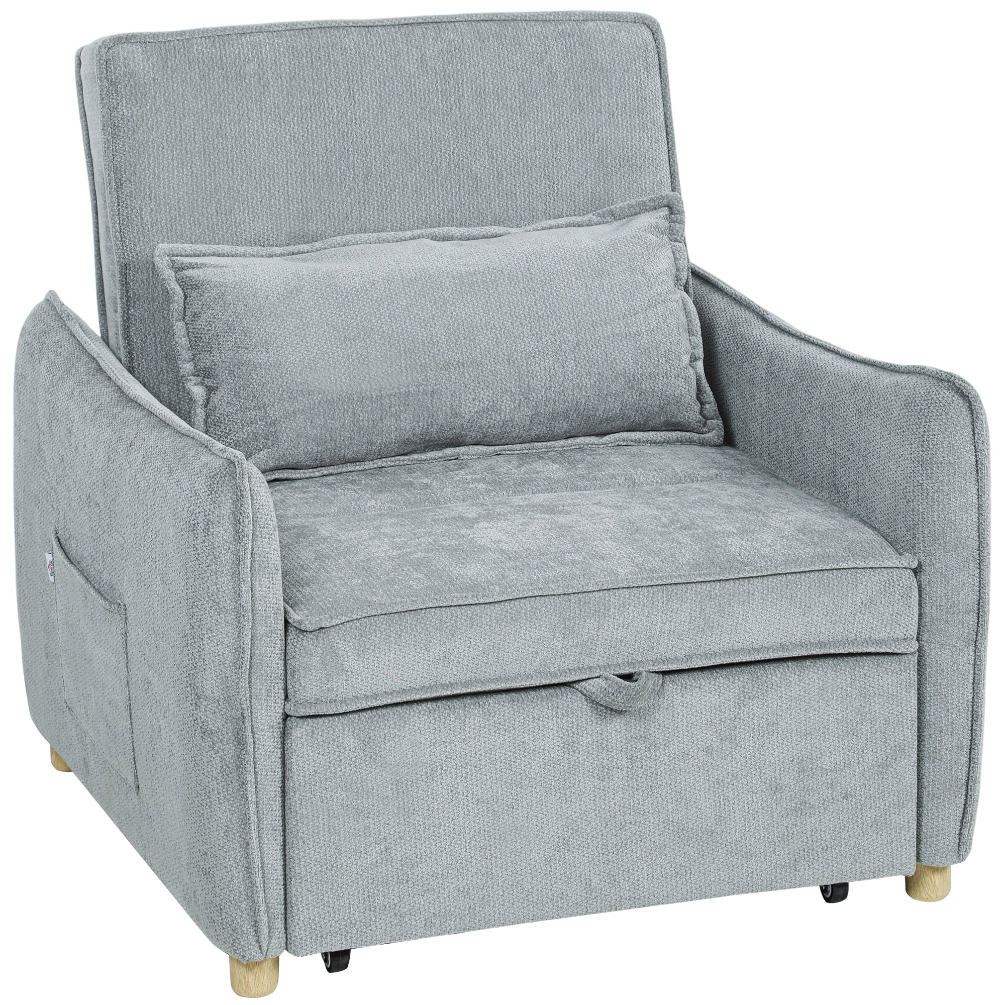 1-Seat 3-in-1 Convertible Armchair — Click-Clack Chenille Sofa Bed, Wide Seat, Adjustable Back, Includes Pillow & Side Pockets, Guest Sofa Bed for Small Spaces, Gray