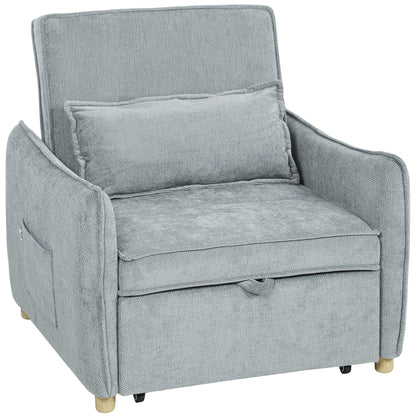 1-Seat 3-in-1 Convertible Armchair — Click-Clack Chenille Sofa Bed, Wide Seat, Adjustable Back, Includes Pillow & Side Pockets, Guest Sofa Bed for Small Spaces, Gray