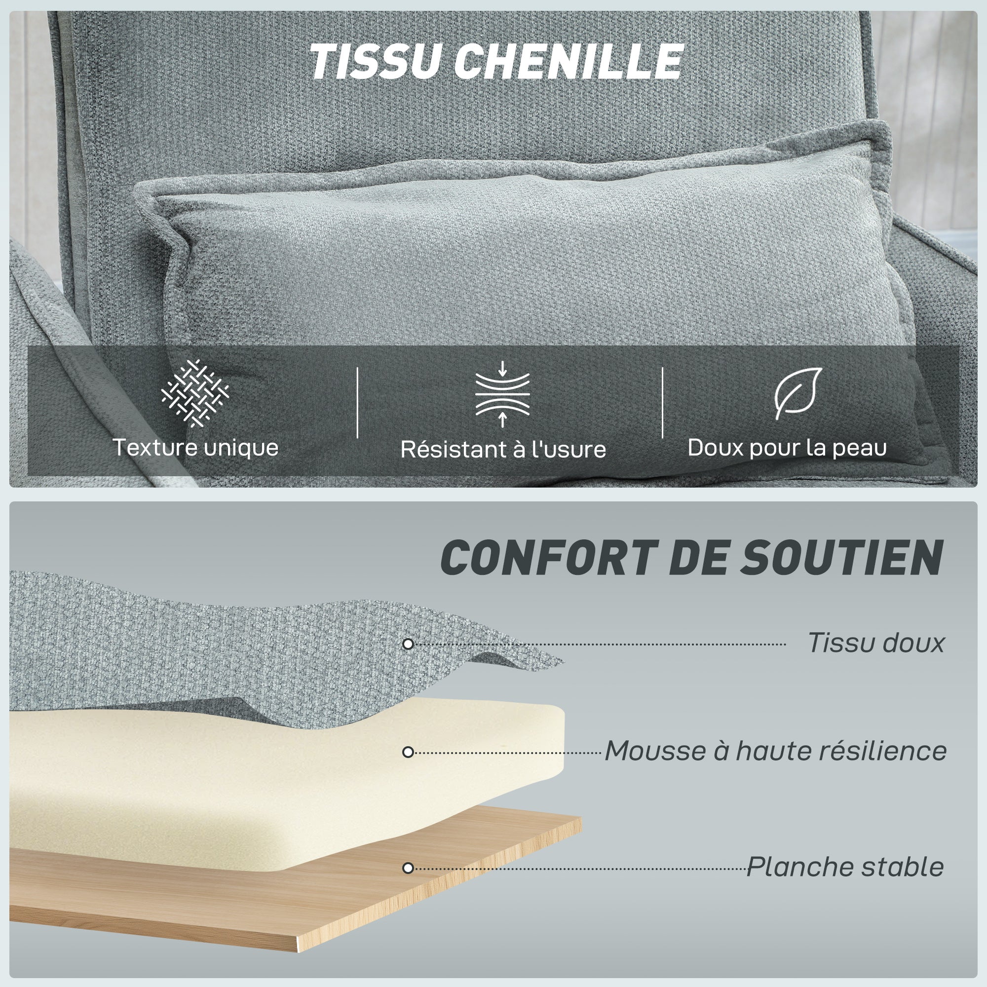 1-Seat 3-in-1 Convertible Armchair — Click-Clack Chenille Sofa Bed, Wide Seat, Adjustable Back, Includes Pillow & Side Pockets, Guest Sofa Bed for Small Spaces, Gray