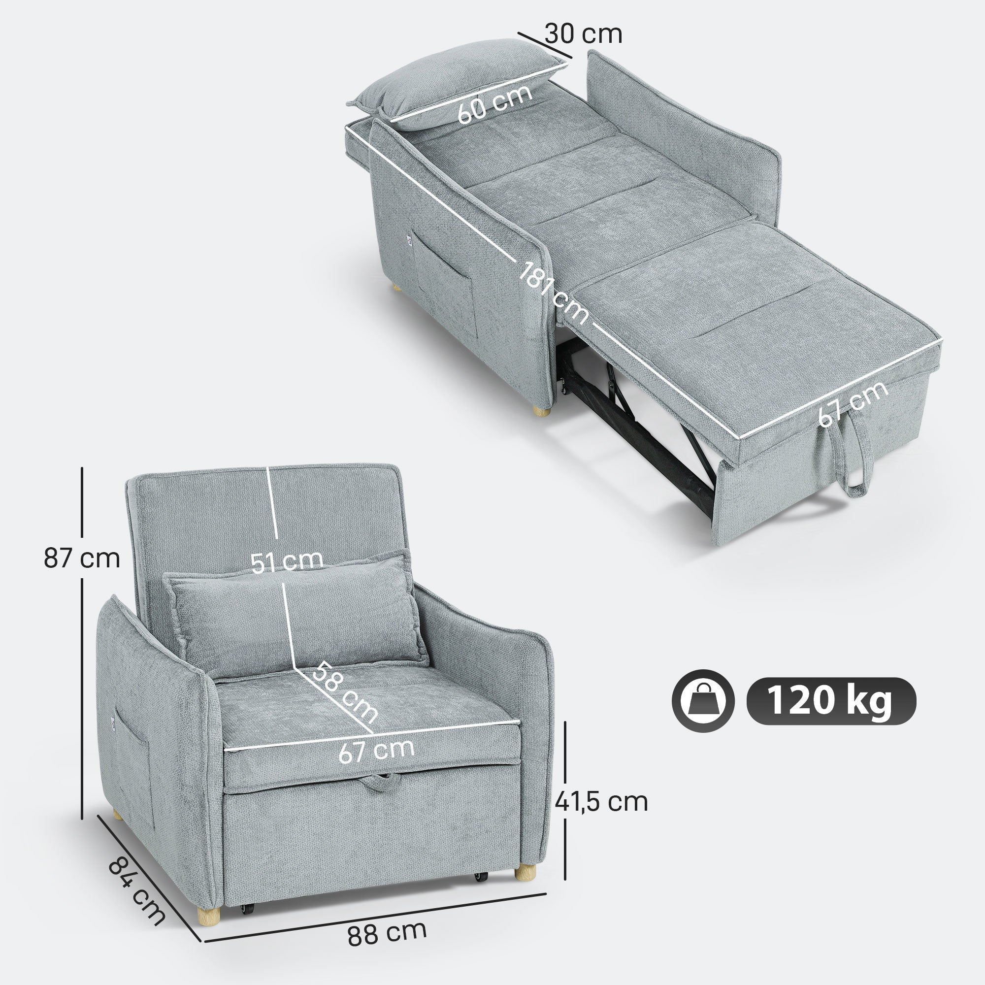 1-Seat 3-in-1 Convertible Armchair — Click-Clack Chenille Sofa Bed, Wide Seat, Adjustable Back, Includes Pillow & Side Pockets, Guest Sofa Bed for Small Spaces, Gray