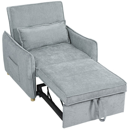 1-Seat 3-in-1 Convertible Armchair — Click-Clack Chenille Sofa Bed, Wide Seat, Adjustable Back, Includes Pillow & Side Pockets, Guest Sofa Bed for Small Spaces, Gray