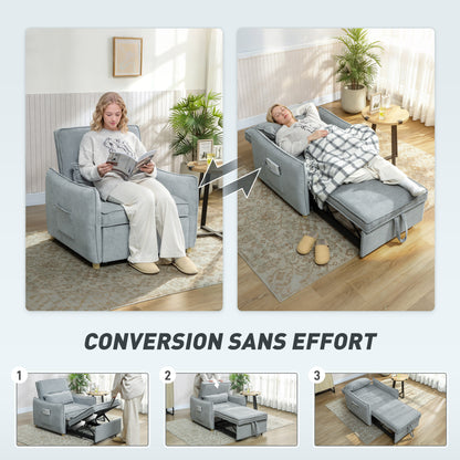 1-Seat 3-in-1 Convertible Armchair — Click-Clack Chenille Sofa Bed, Wide Seat, Adjustable Back, Includes Pillow & Side Pockets, Guest Sofa Bed for Small Spaces, Gray