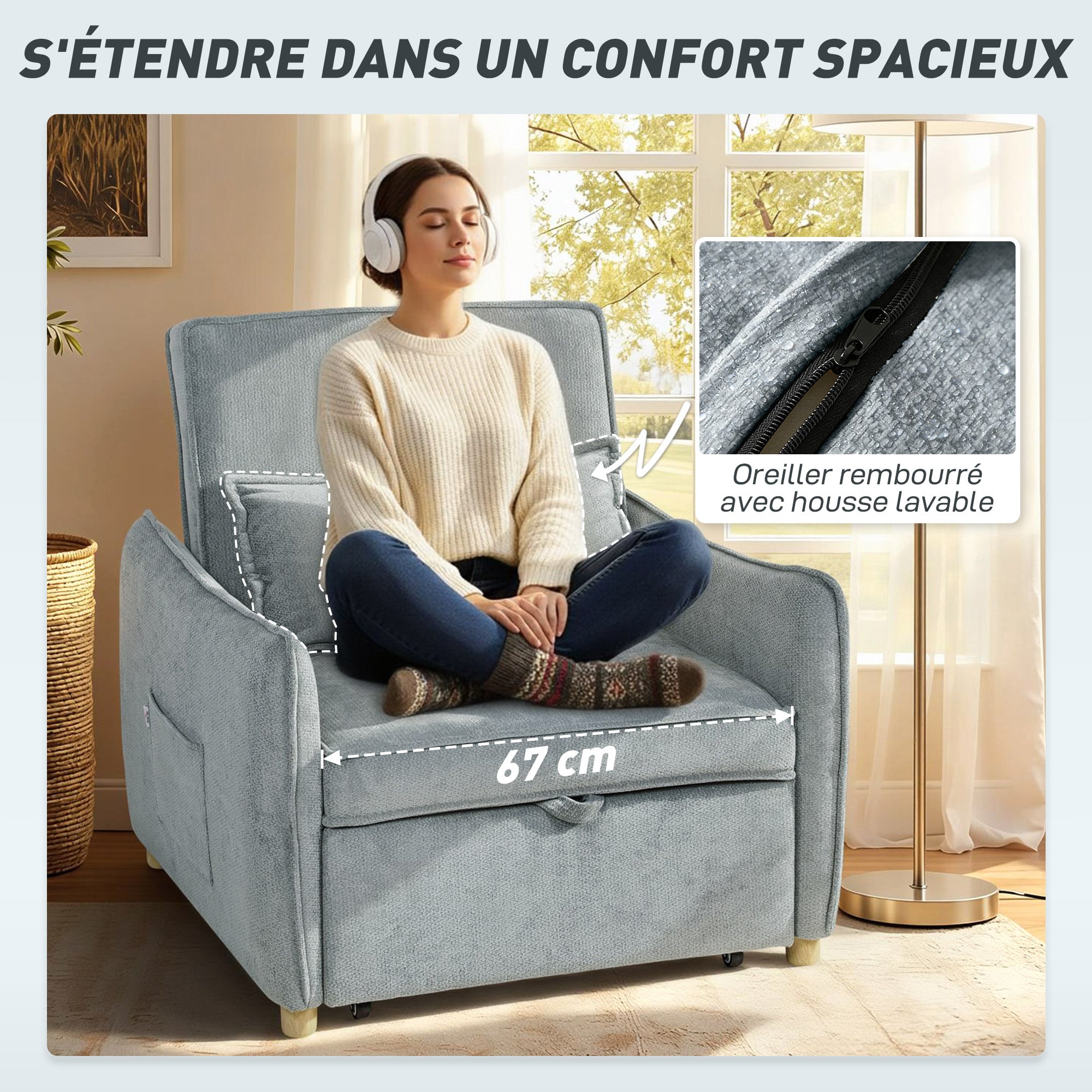 1-Seat 3-in-1 Convertible Armchair — Click-Clack Chenille Sofa Bed, Wide Seat, Adjustable Back, Includes Pillow & Side Pockets, Guest Sofa Bed for Small Spaces, Gray