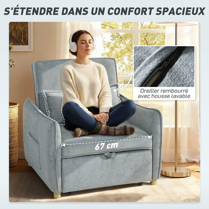 1-Seat 3-in-1 Convertible Armchair — Click-Clack Chenille Sofa Bed, Wide Seat, Adjustable Back, Includes Pillow & Side Pockets, Guest Sofa Bed for Small Spaces, Gray